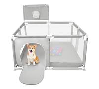 Parque para perros y cachorros con puerta y cesta de baloncesto, Recinto interior de tela Oxford y red de nailon, para animales pequeños y medianos (gris claro, 126 x 126 cm)