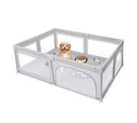 Parque para perros y cachorros con puerta y ventosas de TPR, Recinto interior de tela Oxford y red de nailon, para animales pequeños y medianos (gris claro, 205 x 147 cm)