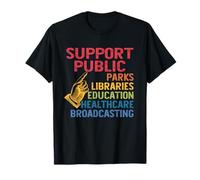 Parques públicos Bibliotecas Educación Atención sanitaria Radiodifusión Camiseta