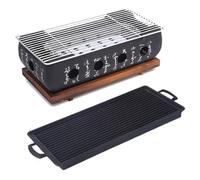 Parrilla de barbacoa japonesa, Portátil japonés Estufa barbacoa carbón mesa con parrilla base madera, Estufa parrilla barbacoa para hogar, patio, fiesta, camping(Large With Baking Pan)