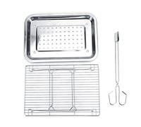 Parrilla de barbacoa plegable portátil de acero inoxidable con bandeja y clip, juego de 3 piezas, ligera y duradera, para exteriores, camping, picnic, fiesta en el jardín.