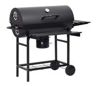 Parrilla de Barril de Carbón con Ruedas, Acero Negro | Tapa con Bisagra, Estante Lateral Plegable, Cenicero Extraíble, para Exterior