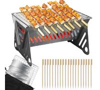 Parrilla de camping de acero inoxidable para exteriores, parrilla plegable para barbacoa, mini parrilla portátil para acampar con palo de bambú/bolsa de almacenamiento, pequeña parrilla extraíble para