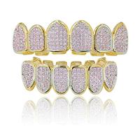 Parrilla de dientes de diamante rosa para hombres y mujeres, parrillas plateadas de vampiro hip hop para tus dientes superior e inferior, parrilla de boca para disfraz de rapero con barras de moldeo