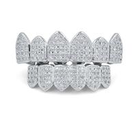 Parrilla de dientes de vampiro para tus dientes, chapado en oro de 18 quilates, colmillos de circonita cúbica superior e inferior, para mujeres y hombres, disfraz de rapero, cosplay, barras de moldeo