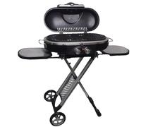 Parrilla de gas de doble quemador, parrilla portátil con ruedas, diseño plegable, encendido piezoeléctrico, termómetro integrado, sartén de hierro fundido para acampar y patio trasero