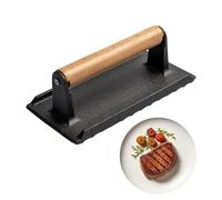 Parrilla plana de hierro fundido | Prensa de carne resistente con mango de madera Accesorios para parrilla Tocino, Tacos, Salchichas, Carne