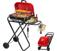 Parrilla plegable portátil de carbón con ruedas, estantes de doble capa, soporte plegable con mesa de preparación lateral y ganchos para herramientas, almacenamiento compacto para acampar
