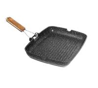 Parrilla rectangular antiadherente | Grill antiadherente | Parrilla de aluminio fundido con mango plegable de madera para carne, pescado y verduras, 35 x 25 cm