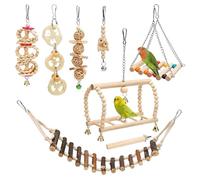 Parrot Bird Toys - 8 Piece Wooden Perch Chew Toys with Interactive Enrichment Feature, Bird Cage Accessories with Play Training Design, Pet Toy Set for Macaws Lovebird Conures Climbing Training