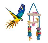 Parrot Chewing Toy | Colorful Wood Block & Cotton Rope Swing | Bird Balance Hanging Toy for Cockatiels/Conures/Parakeets | Biting Relief & Stress Reducer