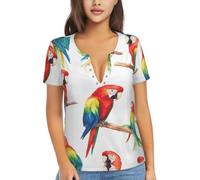 Parrot Collection - Camiseta estampada con cuello en V profundo para mujer, ajuste holgado, Negro, S