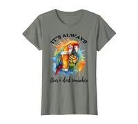 Parrot Drinking Its Beer Oclock Somewhere Always 5 O'Clock Camiseta, Mujer, Verde Militar Jaspeado, XS
