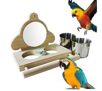 Parrot Perch, Parakeet Food Water Feeder, Bird Parrot Perch with Mirror, Feeding Cups for Parrots, Parrot Cage Play Toy, Parrot Perch for Lovebirds, Parakeet Cage Toy, Parrot Play Perch with Mirror