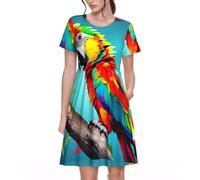 Parrots On Tree - Vestido casual de verano para mujer, para picnic, vacaciones, manga corta, con vuelo, tallas S-3XL, Negro -, XXL