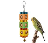 Parrott Chewing Toy with Bell - Wooden Block Grinder, Hangable Cage Entertainment Accessory | Beak Exercise Game for Cockatiel, Conure, Indoor Home Pets