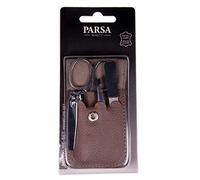PARSA Beauty Juego de manicura de 4 piezas | Elegante juego de cuidado de uñas en estuche gris de piel auténtica, tijeras de uñas, lima y más para uñas cuidadas