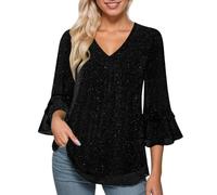 Parte superior brillante para mujer, cuello en V, manga 3/4, lentejuelas, parte superior, carnaval, fiesta, blusas, trendy básica, informal, Nochevieja, carnaval, fiesta, O negro., S