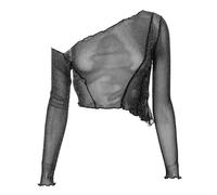 Parte superior de malla lisa brillante | Vientre transparente con mangas largas | Ropa de fiesta de moda, Negro , S