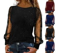 Parte superior para mujer sexy y elegante fiesta: blusa transparente negra de manga larga blusas festivas tallas grandes blusa envolvente camiseta brillante túnica de lentejuelas traje de Nochevieja
