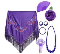 PARTILANDIA 2010 S.L. Manton de Manila Mujer Flamenca, Manton Bordado+Rosa Flamenca para el Pelo+Abanico Flamenco+Peineta Flamenco +Pendientes +Pulsera (Morado, Adulto)