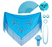 PARTILANDIA 2010 S.L. Manton de Manila Mujer Flamenca, Manton Bordado+Rosa Flamenca para el Pelo+Abanico Flamenco+Peineta Flamenco (Accesorio Flamenco Feria de Abril, Manton Manila Celeste, Adulto)