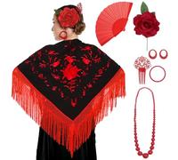 PARTILANDIA 2010 S.L. Manton de Manila Mujer Flamenca, Manton Bordado+Rosa Flamenca para el Pelo+Abanico Flamenco+Peineta Flamenco (Accesoro Flamenco Feria de Abril, Manton Bordado Negro, Adulto)
