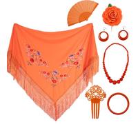 PARTILANDIA 2010 S.L. Manton de Manila Mujer Flamenca, Manton Bordado+Rosa Flamenca para el Pelo+Abanico Flamenco+Peineta Flamenco (Accesorio Flamenco Feria de Abril, Manton Manila Naranja, Adulto)