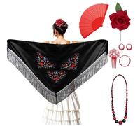 PARTILANDIA 2010 S.L. Manton de Manila Mujer Flamenca, Manton Bordado+Rosa Flamenca para el Pelo+Abanico Flamenco+Peineta Flamenco (Accesorio Flamenco Feria de Abril, Manton Manila Negro, Adulto)