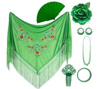 PARTILANDIA 2010 S.L. Manton de Manila Mujer Flamenca, Manton Bordado+Rosa Flamenca para el Pelo+Abanico Flamenco+Peineta Flamenco (Verde, Adulto)