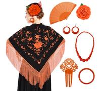 PARTILANDIA 2010 S.L. Manton de Manila Mujer Flamenca, Manton Bordado+Rosa Flamenca para el Pelo+Abanico Flamenco+Peineta Flamenco (Accesorio Flamenco Feria de Abril, Naranja y Negro, Adulto)