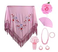 PARTILANDIA 2010 S.L. Manton de Manila Mujer Flamenca, Manton Bordado+Rosa Flamenca para el Pelo+Abanico Flamenco+Peineta Flamenco + Pendientes +Pulsera (Rosa, Adulto)