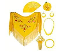 PARTILANDIA 2010 S.L. Manton de Manila Mujer Flamenca, Manton Bordado+Rosa para el Pelo+Abanico Flamenco+Peinet Pendientes+ Pulsera (Accesorio Feria de Abril, Amarillo, Adulto)