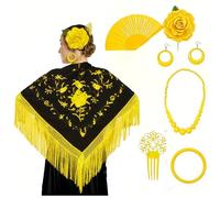 PARTILANDIA 2010 S.L. Manton de Manila Mujer Flamenca, Manton Bordado+Rosa para el Pelo+Abanico Flamenco+Peinet Pendientes+ Pulsera (Accesorio Feria de Abril, Amarillo y negro, Adulto)