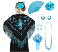 PARTILANDIA 2010 S.L. Manton de Manila Mujer Flamenca, Manton Bordado+Rosa para el Pelo+Abanico+Peineta (Accesorio Flamenco Feria de Abril, color Celeste y Negro, Adulto)