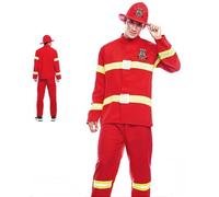 Partilandia Disfraz Bombero Hombre Uniforme con Gorro【Tallas Adultos de S a L】[Talla S] Disfraz Carnaval Hombre Profesiones Uniforme Rojo Desfiles Teatro Actuaciones Regalo