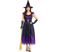 Partilandia Disfraz Bruja Mujer Vestido Morado Stars con Sombrero [Talla M]【Tallas Adulto S a L】【Diseño Original】 Disfraces Halloween para mujer