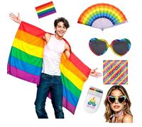 PARTILANDIA Juego 6 Piezas Bandera Orgullo Gay Capa + Bandana Arcoíris+ Gafas de Sol Corazón+ Abanico Multicolor+ Banderín LGTBI+ Barra de Maquillaje Pride. Unisex Accesorios Orgullo LGTBIQ.