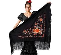 Partilandia | Mantón negro bordado naranja y dorado de 200x95 cm (Talla Única)
