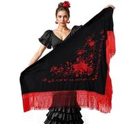 Partilandia | Mantón negro bordado rojo de 200x95 cm (Talla Única)