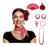 PARTILANDIA Pañuelo Bandana de Lunares sevillano + Abanico flamenco + Peinet Ros Pendientes + Collar + Pulsera. FERIA DE ABRIL, Accesorios Flamencos Sevillanos, Set de 7 Piezas (ROJO Y BLANCO)