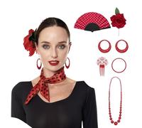 PARTILANDIA Pañuelo Bandana de Lunares sevillano + Abanico flamenco + Peinet Ros Pendientes + Collar + Pulsera. FERIA DE ABRIL, Accesorios Flamencos Sevillanos, Set de 7 Piezas (ROJO Y NEGRO)