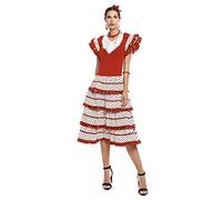 Partilandia Vestido Flamenca Mujer Rojo Blanco【Tallas Adulto S a XXL】[Talla S] Disfraz Sevillana Traje Flamenca Volantes Feria Abril Sevilla Baile