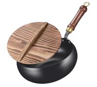 Partita de wok con tapa de madera, wok de hierro sin recubrimiento de 9.45 pulgadas con función de retención de calor, olla de fondo plana antiadherente para estufa de gas y sartén de cocción de llam