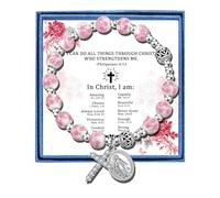 PARTNER Pulsera de rosario católico con Virgen María y cruz, rosario de cerámica floral para oración, fe y protección, regalo de joyería religiosa cristiana, Talla única, Cobre, Amatista