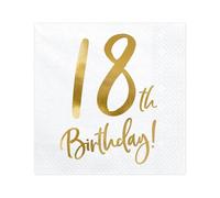 PartyDeco Servilletas para 18 cumpleaños con texto en oro, 33x33 cm