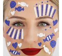 Party Factory Tatuaje de cara azul/blanco, tatuaje facial con purpurina temporal para fiestas temáticas, Halloween y carnaval, niños y adultos