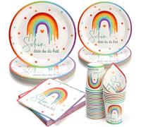 PARTY GO 100 unidades de vajilla de fiesta arco iris con texto en alemán «Schön, dass du da bist,enthält 23cm Pappteller,18cm Pappteller,9 oz Pappbecher und Serviettenpapier