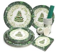 PARTY GO 125 Unidades Juego De Platos,Incluye Platos De Papel, Platos Desechable Navidadservilletas,Vasos y Pajitas,Patrón De Árbol De Navidad Verde,Para 25 Invitados Decoraciones Navideñas