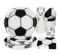 PARTY GO Juego de vajilla de fiesta de fútbol de 96 piezas, platos de papel tazas y servilletas, vajilla desechable, suministros de fiesta para cumpleaños, fútbol blanco y negro, decoraciones para 24